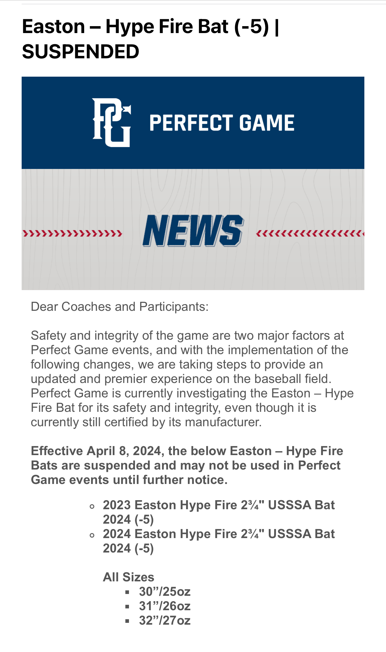 Easton Hype Fire Bat -5 Suspended by Perfect Game Events